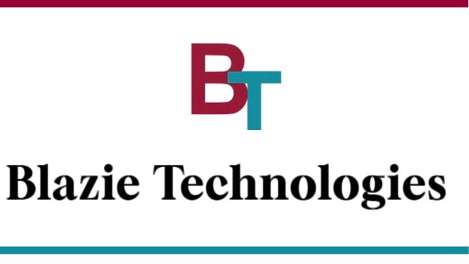 Blazie Technologies logo consisting of writing in black and initials BT in maroon and teal all on a white surround